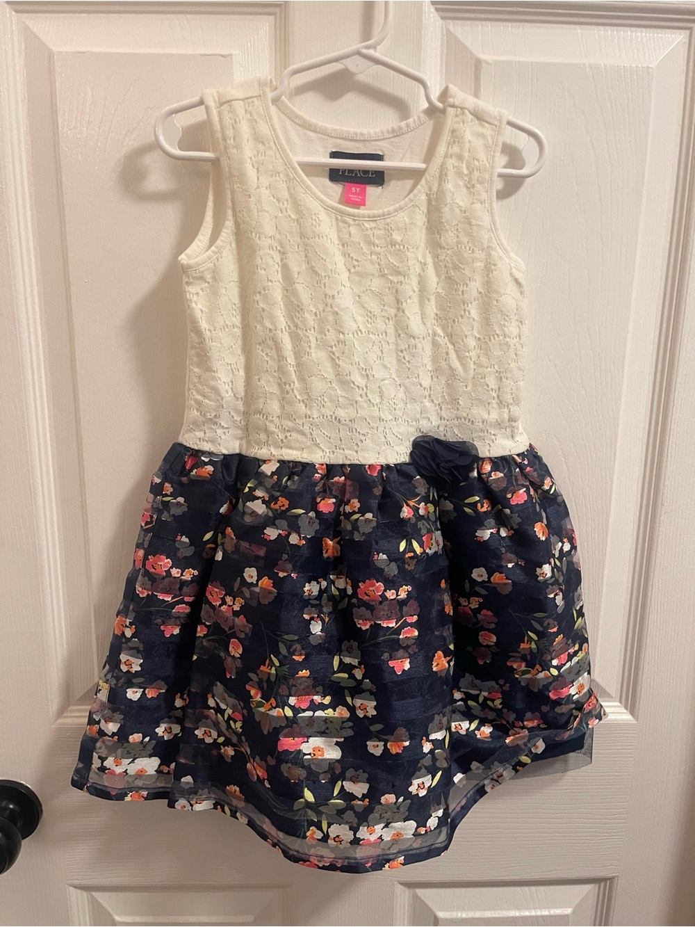 The Children's Place Cream Lace Top Navy Floral Party Dress
